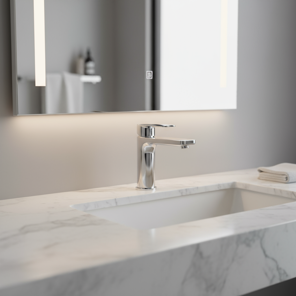 a single handle faucet in chrome finish used ina modern bathroom