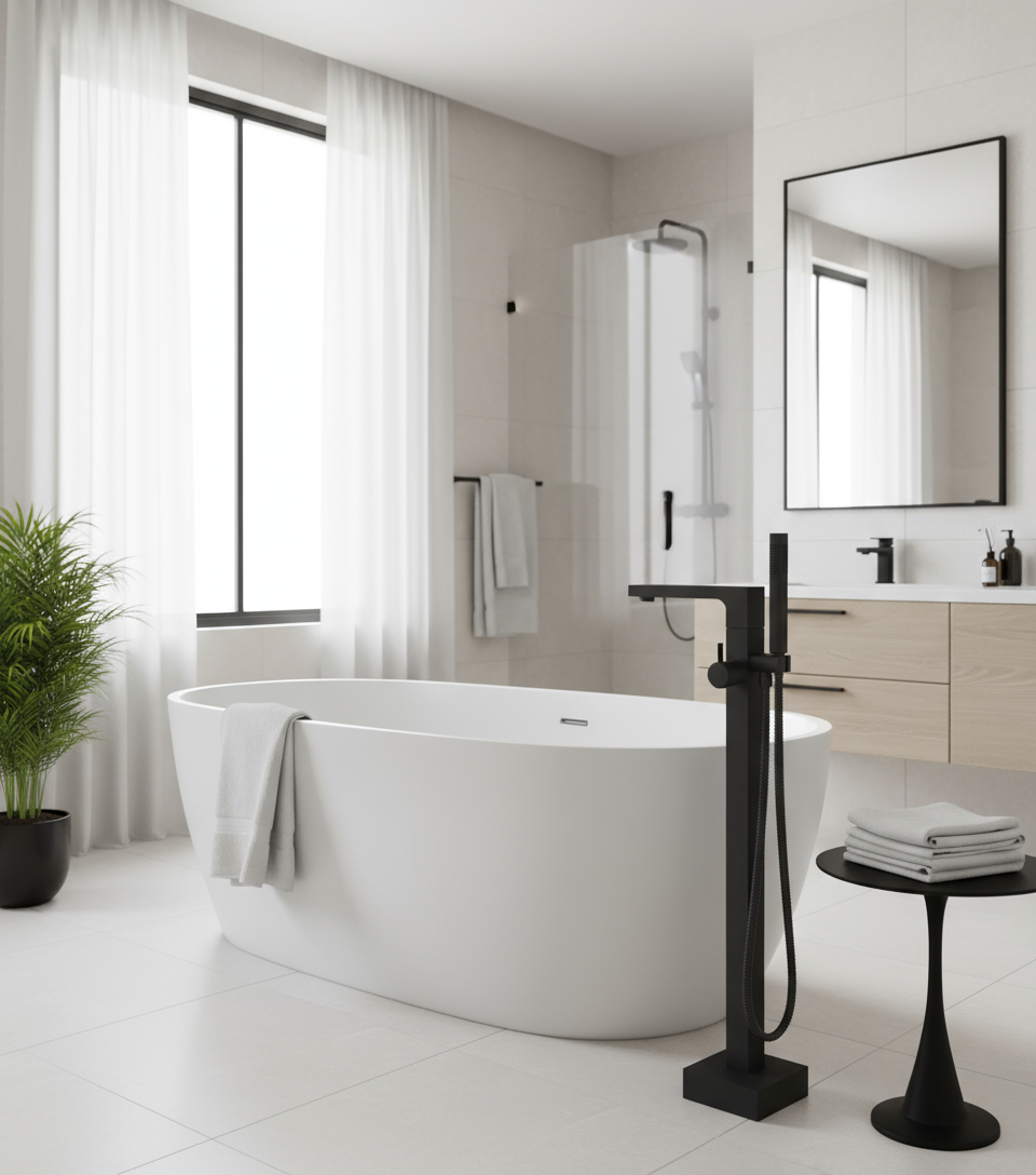 A matt black free standing tub filler with a hand shower, featuring a solid brass construction.