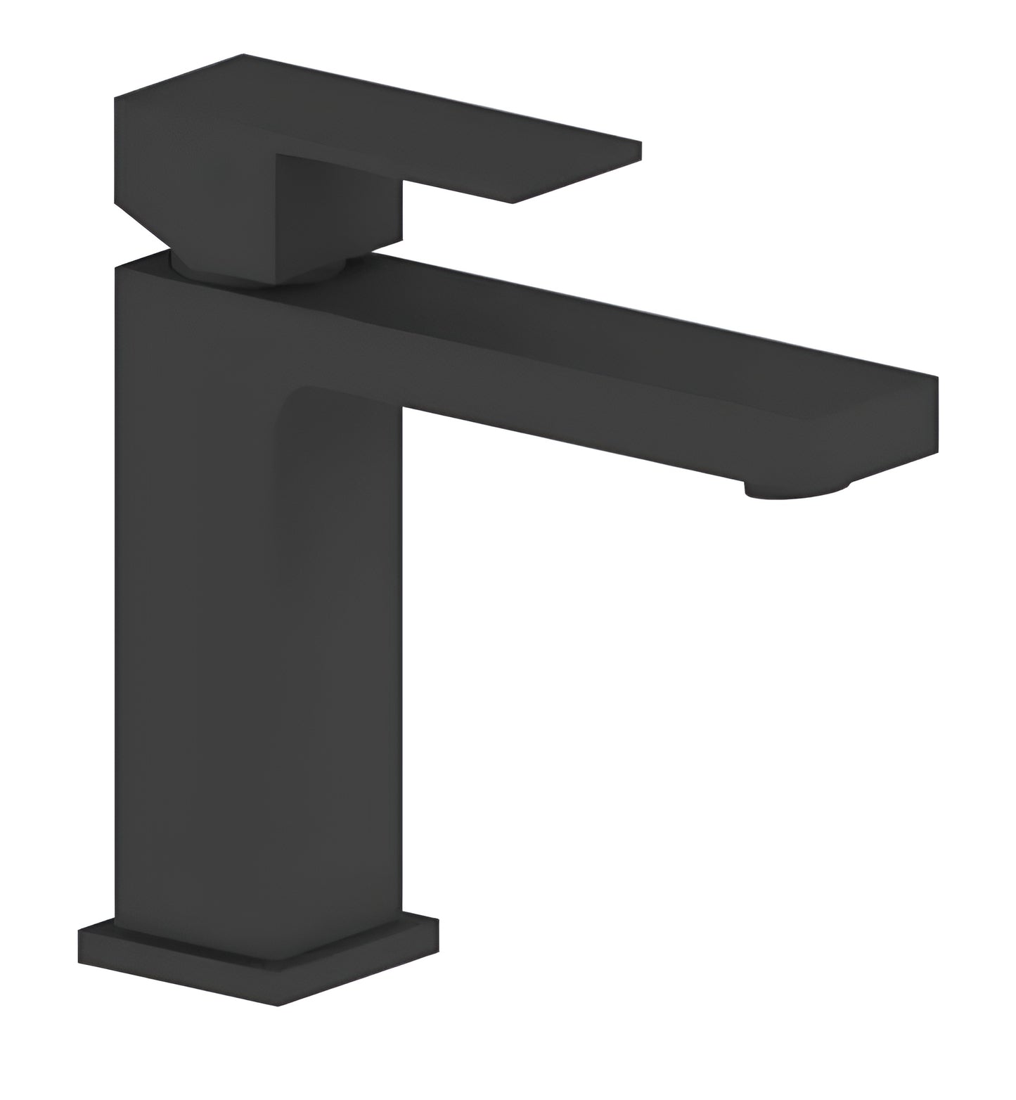 A single handle lavatory faucet with a modern design, featuring a square shape and finished in matt black.