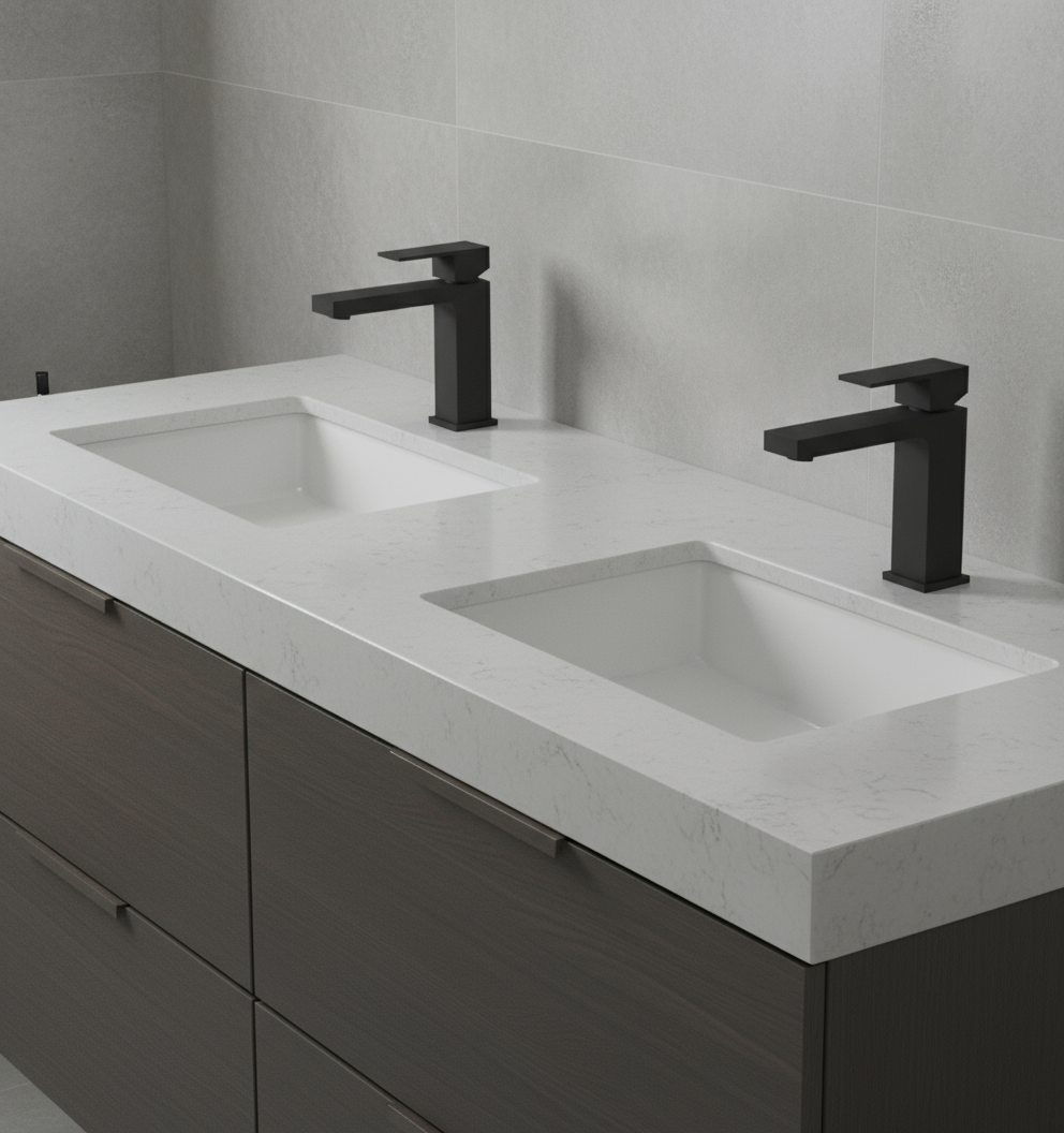 Bathroom vanity with two sinks and black faucets LF7-A020BK against a gray tiled wall.