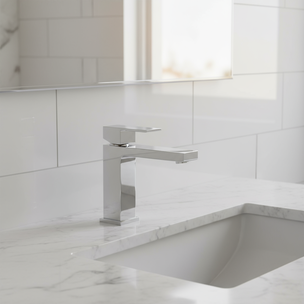 A single handle lavatory faucet with a modern design, featuring a square shape and finished in chrome.