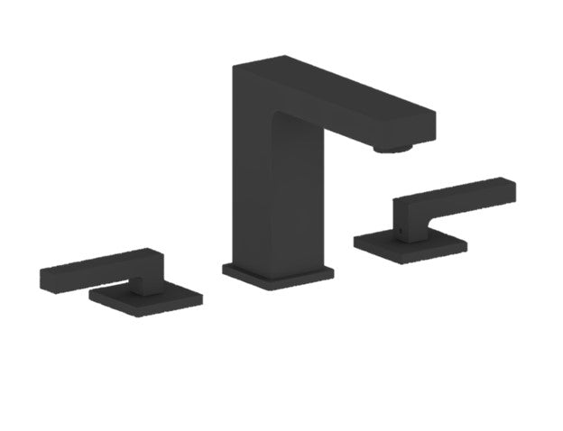 Two handled widespread lavatory faucet in matt black with a matching push drain. 