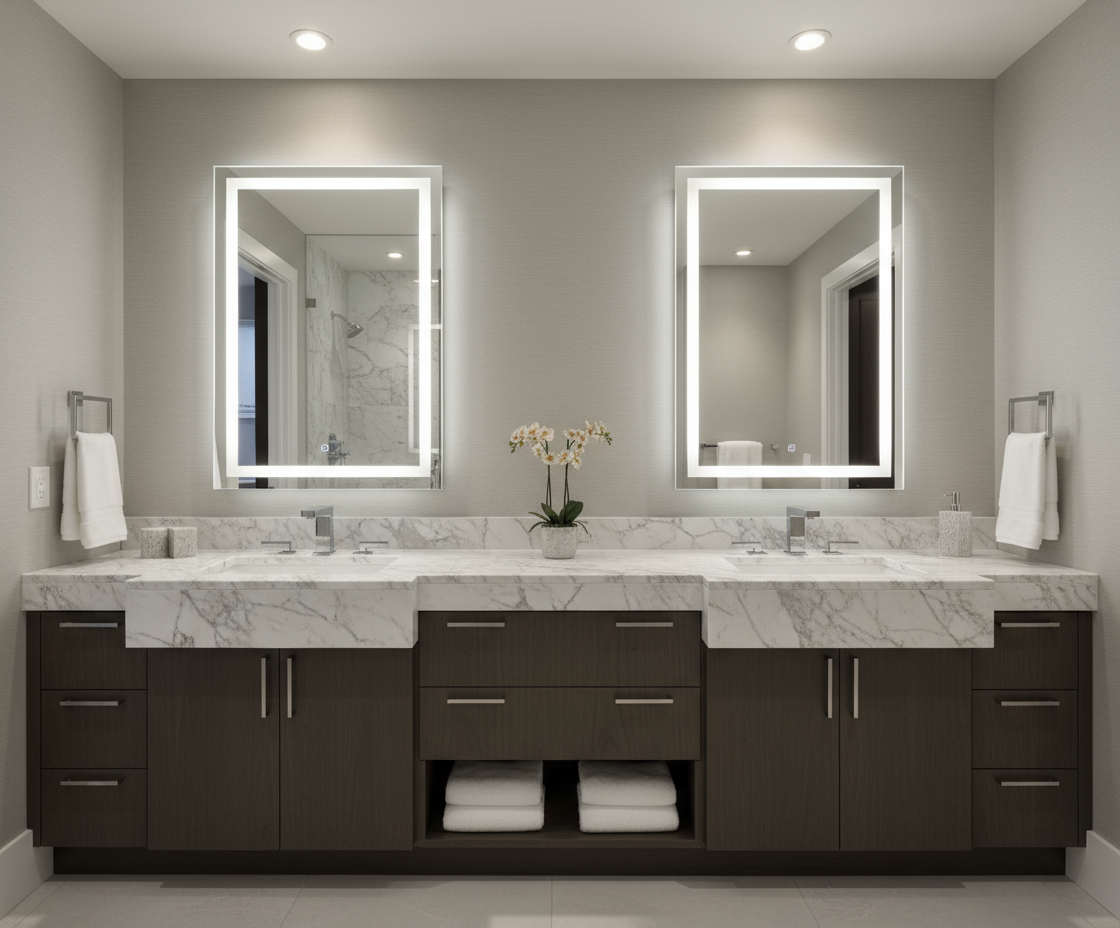 Modern bathroom with double vanity using LF7 -T000C  , marble countertop, and illuminated mirrors.
