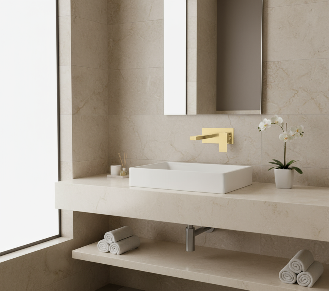 Modern bathroom with a white sink, gold faucet LF7-V000BG, and decorative elements.