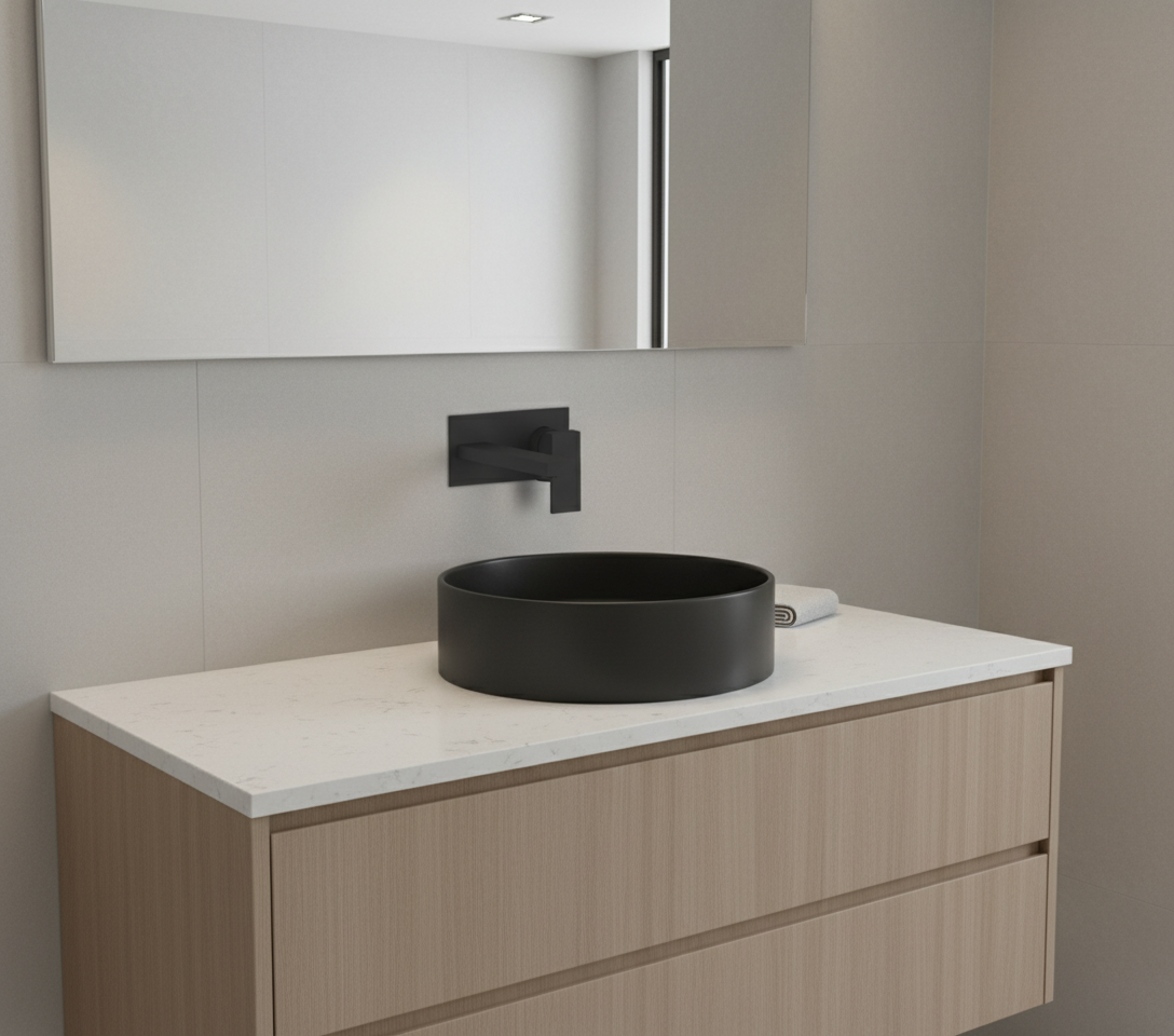 Modern bathroom  using LF7-V000BK with wallmount vanity with a black sink and mirror.