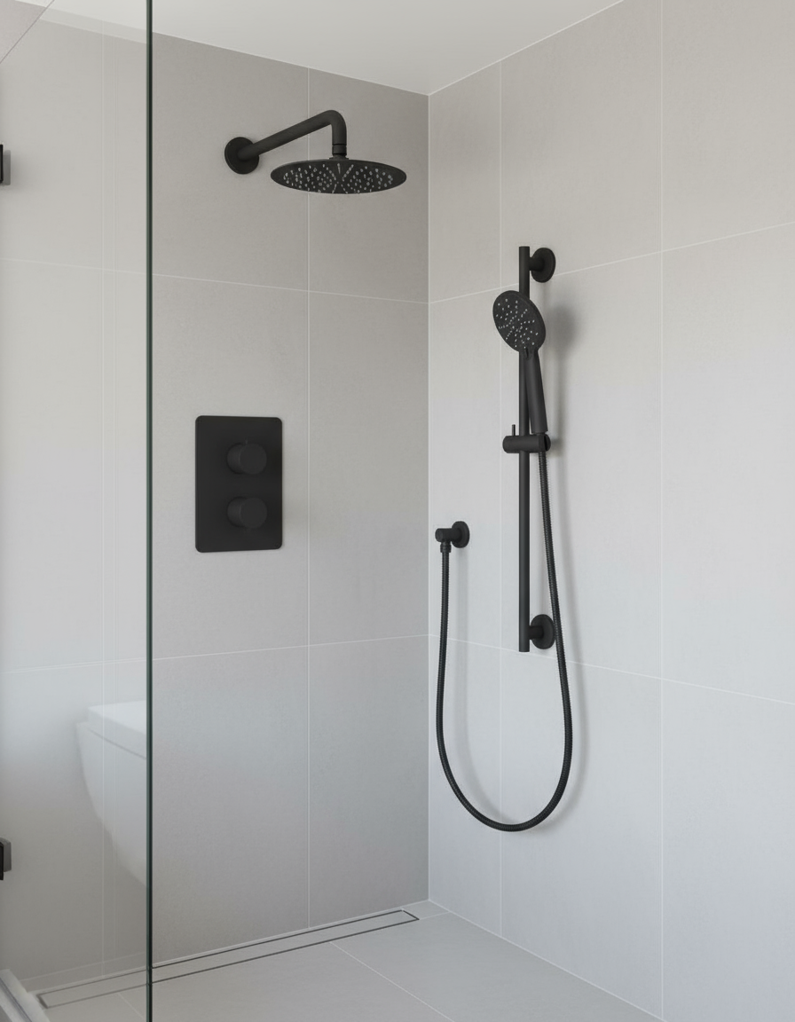 A black thermostatic shower kit including a solid brass body, 8-inch SS round rain shower, 16-inch rain arm, and ABS hand shower with a three-function head.