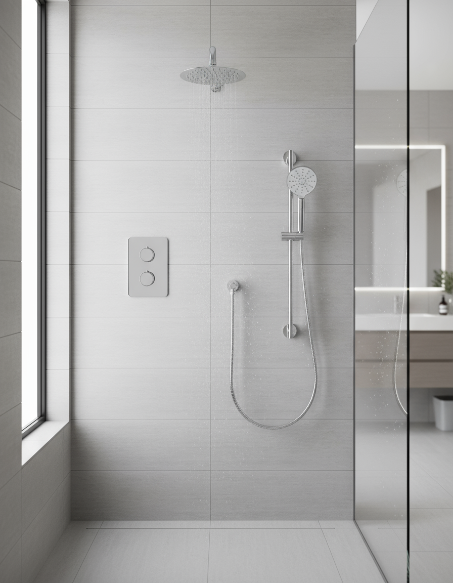 A silver thermostatic shower kit including a solid brass body, 8-inch SS round rain shower, 16-inch rain arm, and ABS hand shower with a three-function head.