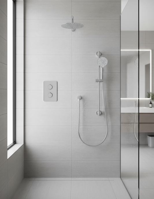 A silver thermostatic shower kit including a solid brass body, 8-inch SS round rain shower, 16-inch rain arm, and ABS hand shower with a three-function head.