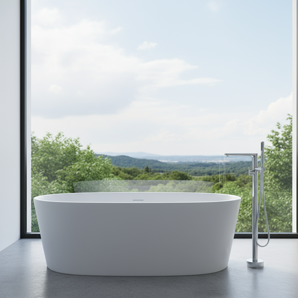 A silver free standing tub filler with a hand shower, featuring solid brass construction.