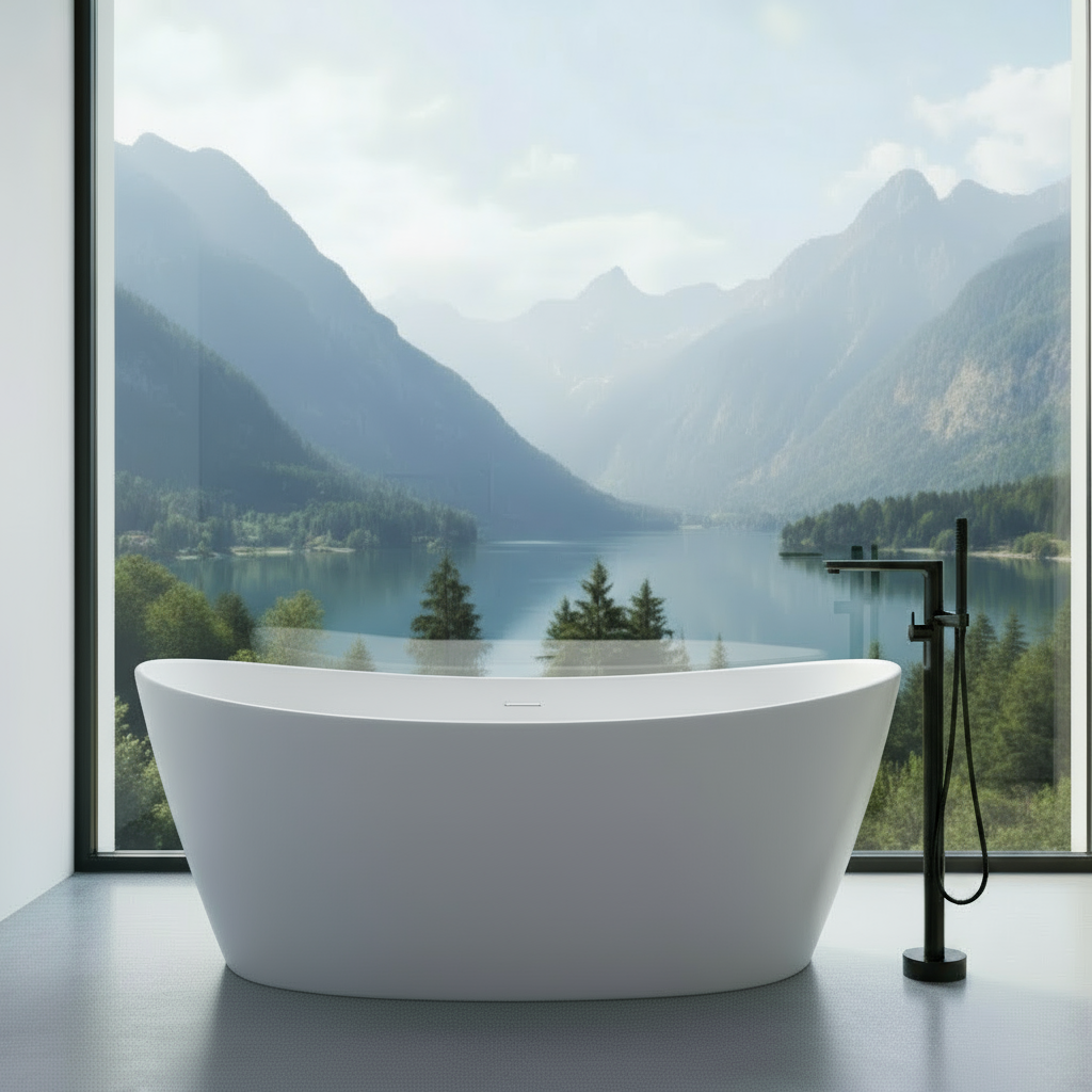 a black freestanding tub filler in a Modern bathroom
